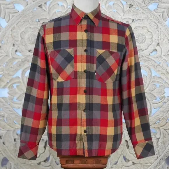 The North Face Plaid Quilted lined Flannel Shirt Jacket S Red Gray Tan Snap - Picture 1 of 8